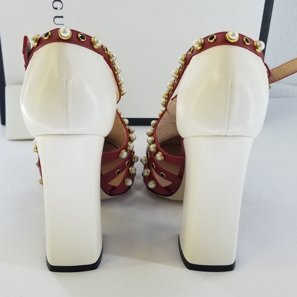 Gucci Tracy Red White Embellished Heels Sz 36 - Picture 6 of 16